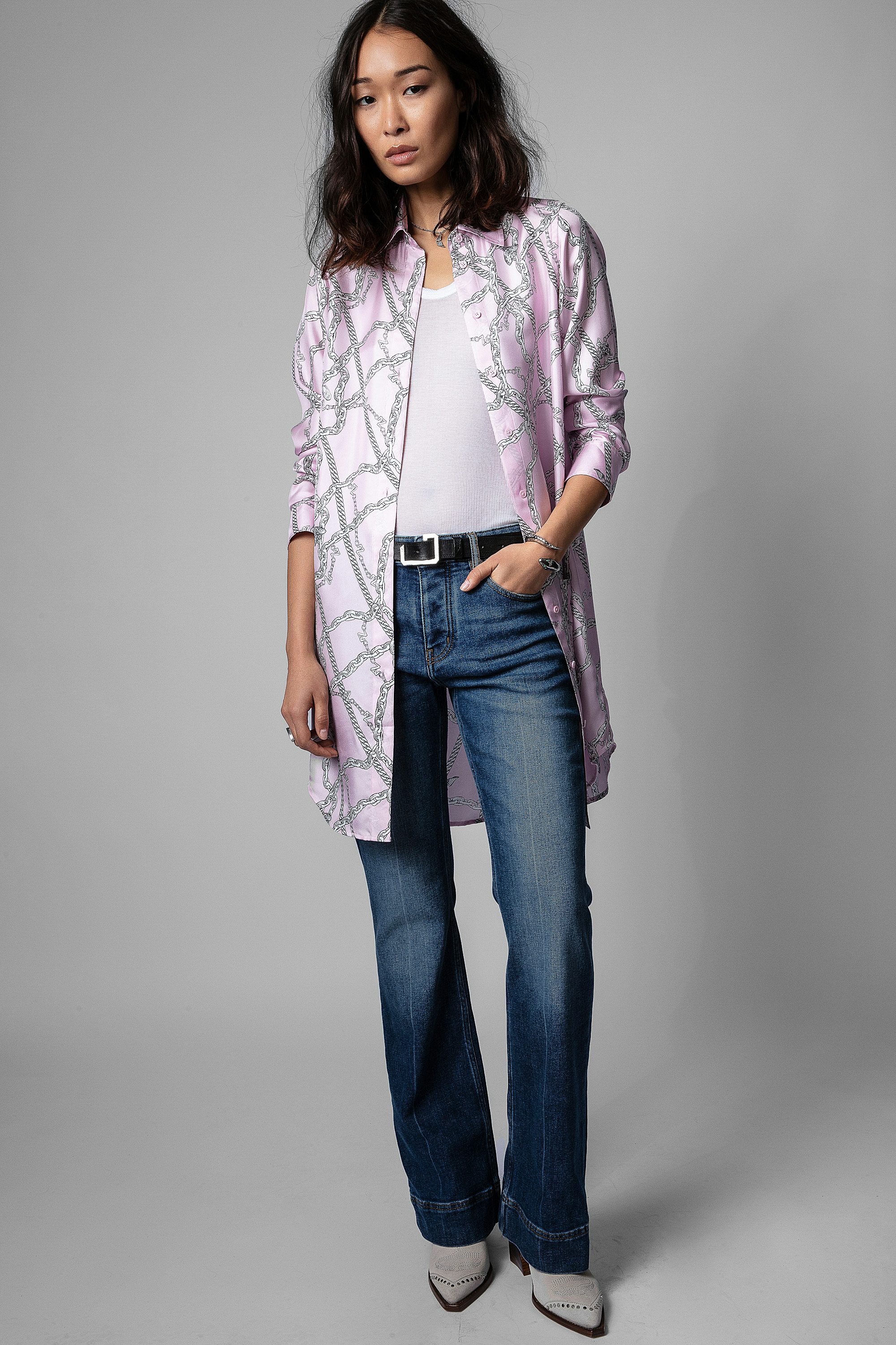 Rais Dress Silk - Women's pink shirt dress with chain pattern